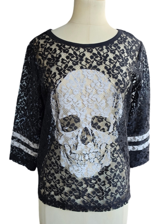 Express Tops - Express Black Lace Skull Tee with White Skull Detail